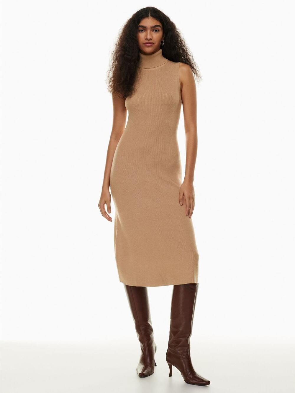 Aritzia Wilfred Mimi Sleeveless Turtleneck Sweater Dress Knit Midi Camel Tan M
